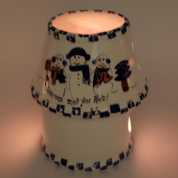 Snowmen Melt Your Heart Vntg Ceramic Blue White Snowmen Tealight Candle Holder - Picture 3 of 10